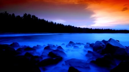 dawn on a blue bay - trees, blue, dawn, shore, bay, rocks