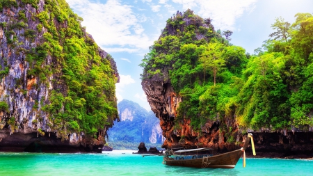 fabulous rock islands on ao nang bay in thailand - rocks, clouds, island, boat, bay