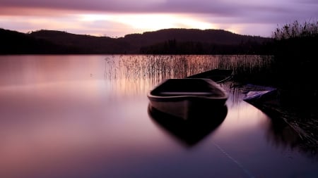 boat on a still purple lake hdr - lake, purple, boat, sunset, hdr, grass