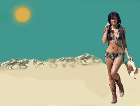 Desert Cowgirl - fun, female, boots, fashion, western, sand, cowgirls, style, famous, women, hat, desert, models, girls, outdoors, cutoffs, mountains