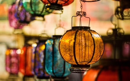 Colourful Lanterns - bokeh, glass, photography, light, sphere, macro, lanterns, lantern, lamps, globe, lamp, lights