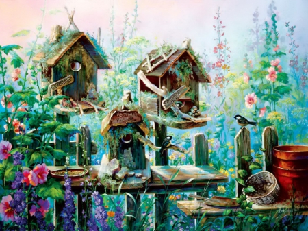 Birdhouse row - row, birds, curw, spring, birdhouse, flowers, painting, garden, art