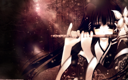 sweet melody - flute, nigth, pretty, girl, anime, kimono, cute