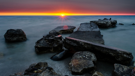 sunrise on the horizon - horizon, shore, sunrise, sea, rocks