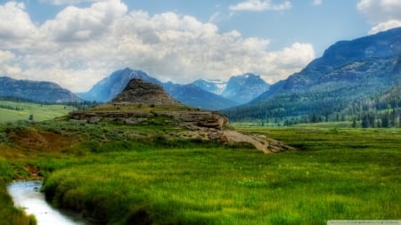 creek in a yellowstone meadow hdr - mountains, meadow, clouds, creek, hdr, grass