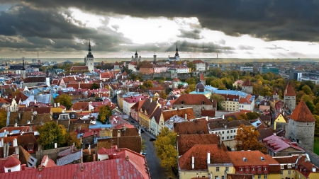 rooftop view of tallinn esonia - clouds, churches, view, sunbeams, roofs, city