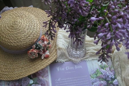 still life with lilacs - flowers, still life, hat, lilacs