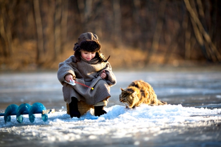 â™¥ - child, cute, sweet, fishing, cat, adorable, lake, friends, nature, boy