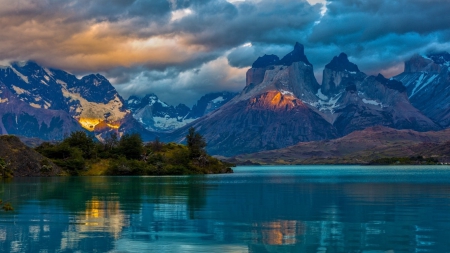 Impressive Sky - clouds, lights, landscape, lake, mountains