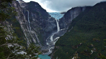 hanging glacier over a cliff in patagonia - mountain, cliff, river, glacier, waterfalls