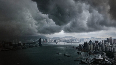 storm clouds over hong kong bay - clouds, city, black and white, bay, storm