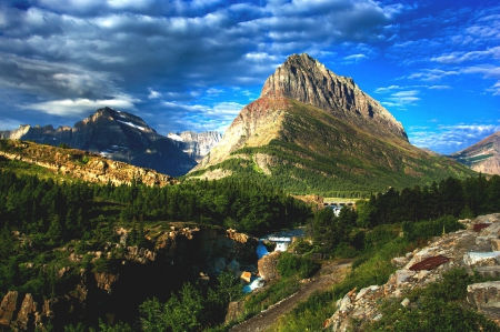 Summer On Glacier National Park - montana, lakes, hills, trees, forest, clouds, beautiful, rivers