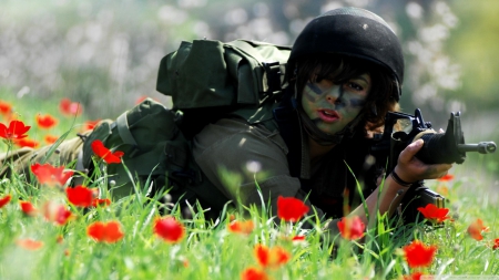 soldier girl - soldier, girl, outdoor, flower