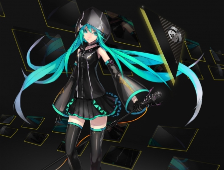 Hatsune Miku - nice, beauty, female, twintail, anime girl, black, miku hatsune, pretty, dark, anime, miku, twin tail, hatsune miku, girl, twintails, long hair, lovely, hatsune, hd, twin tails, beautiful, sweet, green hair, dress