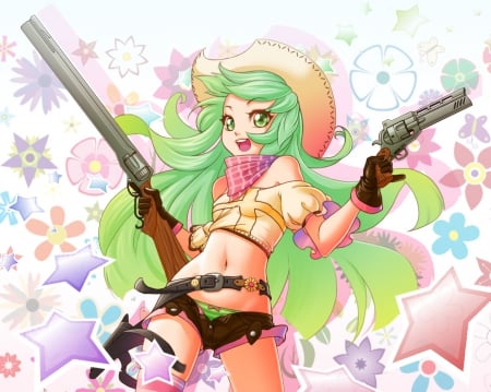 CowGirl - pretty, star, anime, kawaii, female, green hair, long hair, happy, pistol, weapon, nice, anime girl, hot, gun, girl, lovely, sweet, smile, cute, sexy