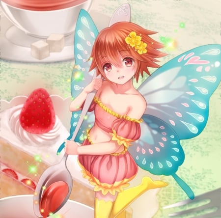 Fairy - cute, anime girl, girl, wings, fairy, cake, strawberry, pretty, kawaii, short hair, wing, sweet, brown hair, anime, dress, nice, lovely, female