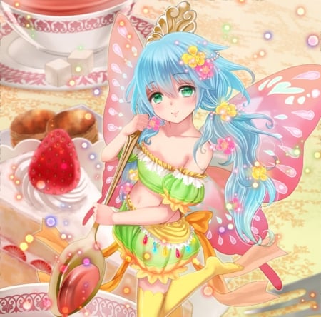 Fairy - pretty, anime, kawaii, female, wing, dress, long hair, blue hair, nice, cake, anime girl, strawberry, beautiful, girl, beauty, lovely, sweet, wings, fairy, cute