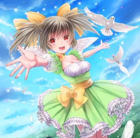 Angel - happy, beautiful, anime girl, pigeon, girl, wings, ribbon, cloud, feather, pretty, bird, wing, beauty, dove, sweet, anime, dress, sky, nice, lovely, smile, female, angel