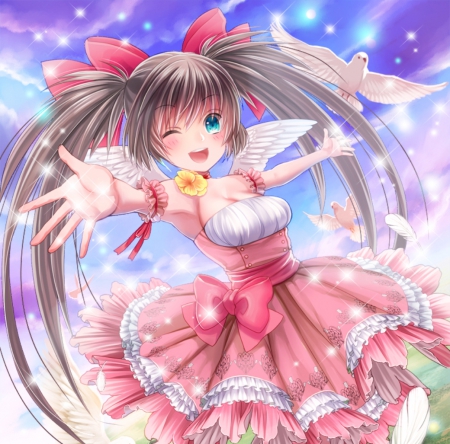 Angel - happy, beautiful, anime girl, pigeon, girl, wings, ribbon, wink, cloud, feather, pretty, bird, wing, beauty, dove, sweet, anime, dress, sky, nice, lovely, smile, female, angel