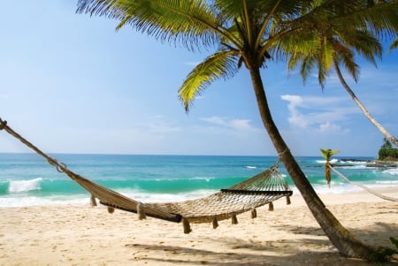 ♥Tropical Beach♥ - vacation, beach, hammock, sea, ocean, sand, palm, tropical, sun