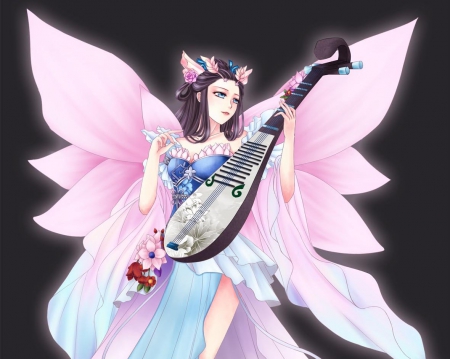 Fairy of Music - pretty, anime, female, wing, maiden, dress, instruments, plain, hd, nice, anime girl, beautiful, hot, girl, simple, beauty, lovely, sweet, fantasy, lady, wings, cute, sexy, fantasy girl