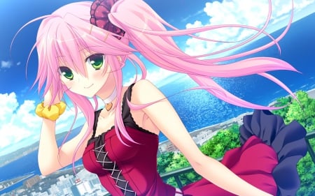 Maiden - hot, anime girl, elegant, koisuru shimai no sextet, bracelet, lady, sexy, scenic, ponytail, long hair, wallpaper, divine, beautiful, pink, blush, sea, dress, beauty, sky, female, water, gorgeous, cloud, anime, cute, scene, maiden, ocean, girl, pink hair, hd, green eyes, scenery, smile