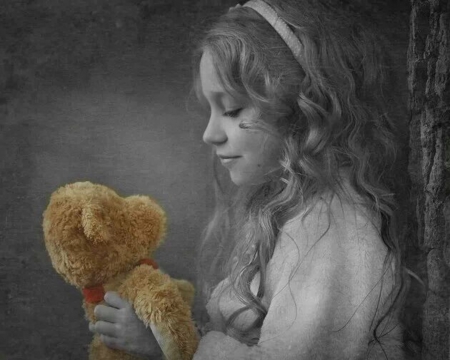 Do not ever let me down ... - girl, soft, photography, beautiful, two colors, teddy bear, moments