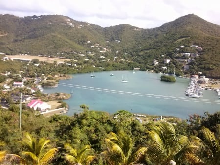 Lovely Cove - cove, coast, blue, beach, boat, mountain, marina, palm trees, lake, houses, Beach, hill, Tortola, trees, water, sea, British Virgin Islands, river, nature, tropical, bay