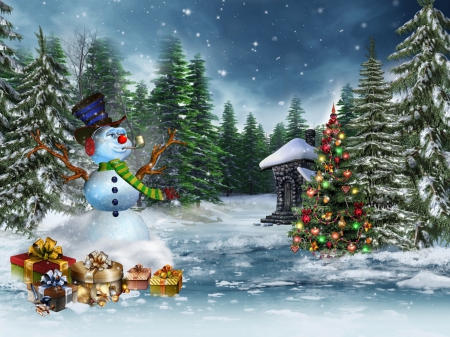 Winter - tree, snowman, snow, christmas