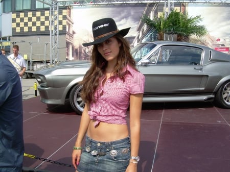 Cowgirl Pose With Car - style, fun, famous, models, westerns, female, cars, fashion, cowgirls, hats, outdoors