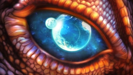 Dragon eye - moon, blue, orange, dragon, eye, planet, fantasy