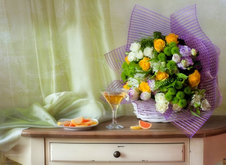 Beautiful bouquet  on my old desk - glass, roses, desk, photography, yelow, bouquet, still life, abstract, purple, beautiful, flowers, old