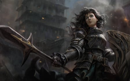 Fantasy girl - warrior, girl, dark, armor, black, fantasy, woman, spear, shield