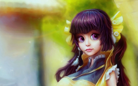 Fantasy girl - game, fantasy, amethyst eyes, yellow, green, girl, pink