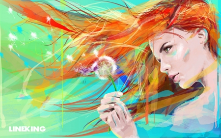 Girl and dandelion - redhead, blue, woman, girl, lineking, dandelion, orange, art