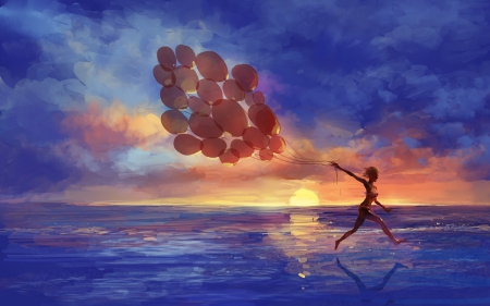 Feeling the freedom - summer, blue, beach, freedom, mare, art, sky, running, water, girl, sea, orange, ocean, pictura, sunset, painting, balloons