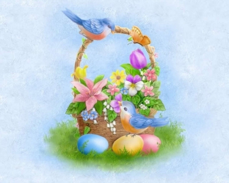 Happy Spring~Happy Easter - tulips, easter, basket, spring, eggs, butterfly, lily, flowers, grass, birds