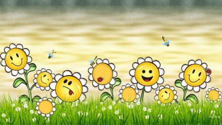 Happy Daisy Faces - summer, ladybug, spring, grass, smiles, Easter, happy, flowers, bees, daisies, faces