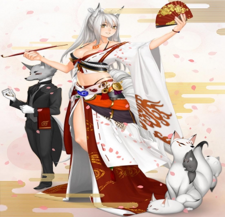 Kitsune - fan, girl, smoke, long hair, orginal, fox, oriental, kitsune, kimono