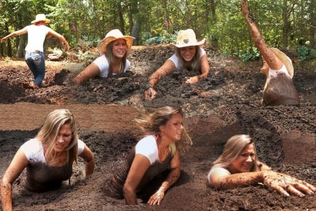 Cowgirls Stuck In The Mud - fun, hats, models, western, females, girls, cowgirls, outdoors, rodeo, mud, ranch, famous