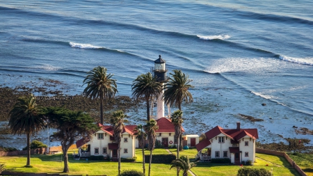 wonderful lighthouse compund in san diego - lighthouse, compound, palms, sea, grass, coast