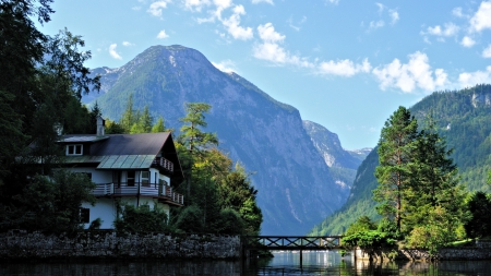 lovely lakehouse - lake, trees, mountain, house, bridge