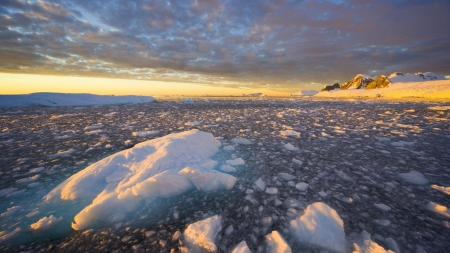 ice covered arctic sea - mountains, clouds, ice, bergs, sunset, sea