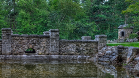 stone wall reflected in a pond hdr - trees, pond, hdr, reflection, stones, walkway, wall