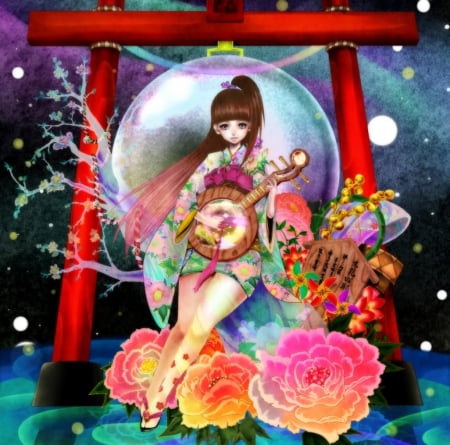 Shrine Maiden - flower, maiden, beautiful, blossom, hot, anime girl, girl, oriental, lady, floral, instrument, pretty, shrine, beauty, sweet, brown hair, anime, yukata, long hair, nice, lovely, sexy, kimono, female