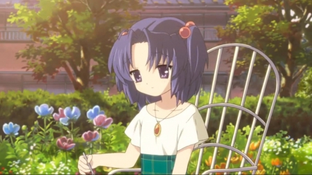 Ichinose Kotomi - pretty, anime, kawaii, female, short hair, kotomi ichinose, garden, nice, clannad, purple hair, anime girl, girl, kotomi, lovely, sweet, cute, adorable