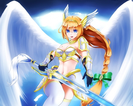 Knight Angel - pretty, anime, female, wing, blonde, angel, blond hair, long hair, armor, blond, nice, anime girl, beautiful, hot, girl, sword, blonde hair, feather, beauty, lovely, sweet, blade, wings, cute, sexy