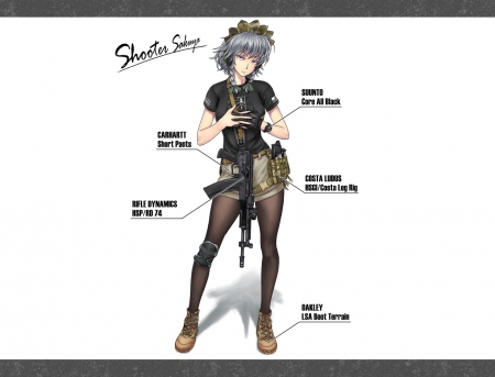 Shooter Sakuya - shorts, izayoi sakuya, touhou, gray hair, anime, gun, headdress, sniper, stockings, gloves, boots