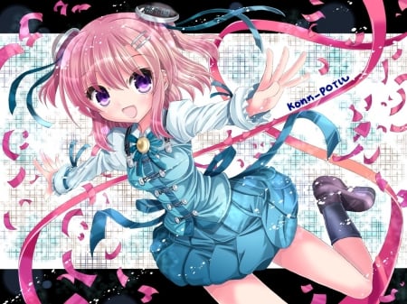 ~Konn-Potu~ - short hair, anime, girl, pink hair, konn potu, purple eyes, happy, ribbons