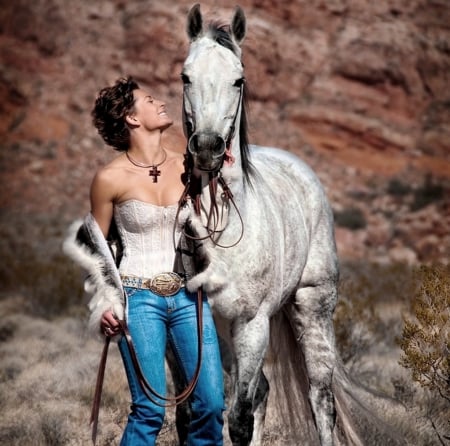 Happy friends - woman, horse, together, happy